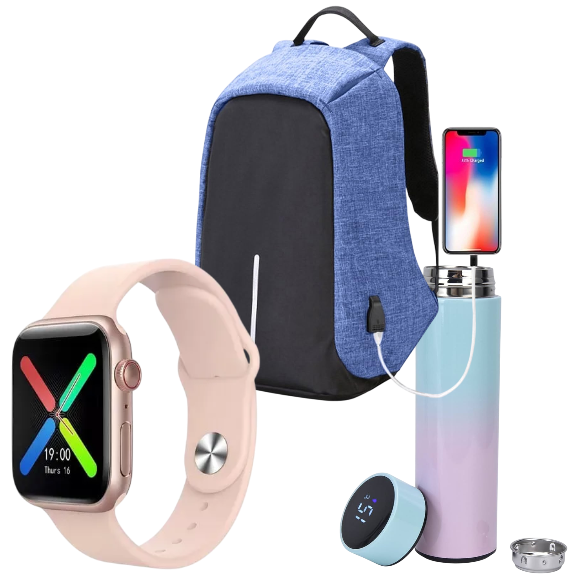 Combo Urbano 3 en 1: Bolso Antirrobo + Termo Inteligente + Reloj Smart T500