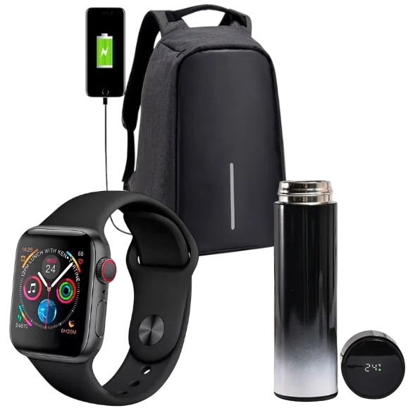 Combo Urbano 3 en 1: Bolso Antirrobo + Termo Inteligente + Reloj Smart T500