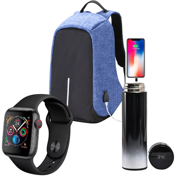Combo Urbano 3 en 1: Bolso Antirrobo + Termo Inteligente + Reloj Smart T500