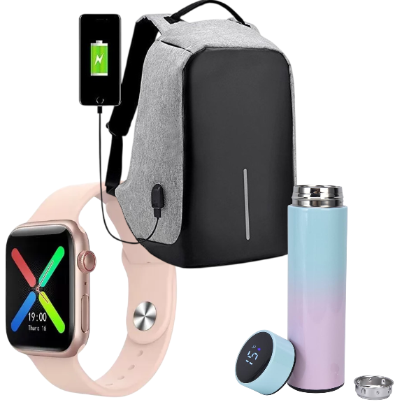 Combo Urbano 3 en 1: Bolso Antirrobo + Termo Inteligente + Reloj Smart T500