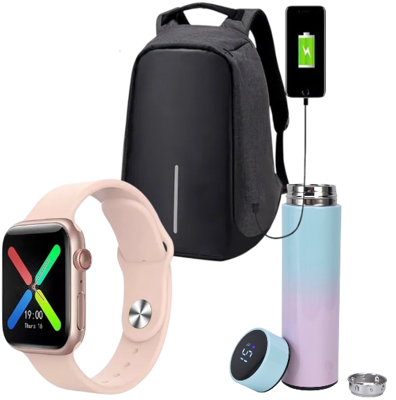 Combo Urbano 3 en 1: Bolso Antirrobo + Termo Inteligente + Reloj Smart T500